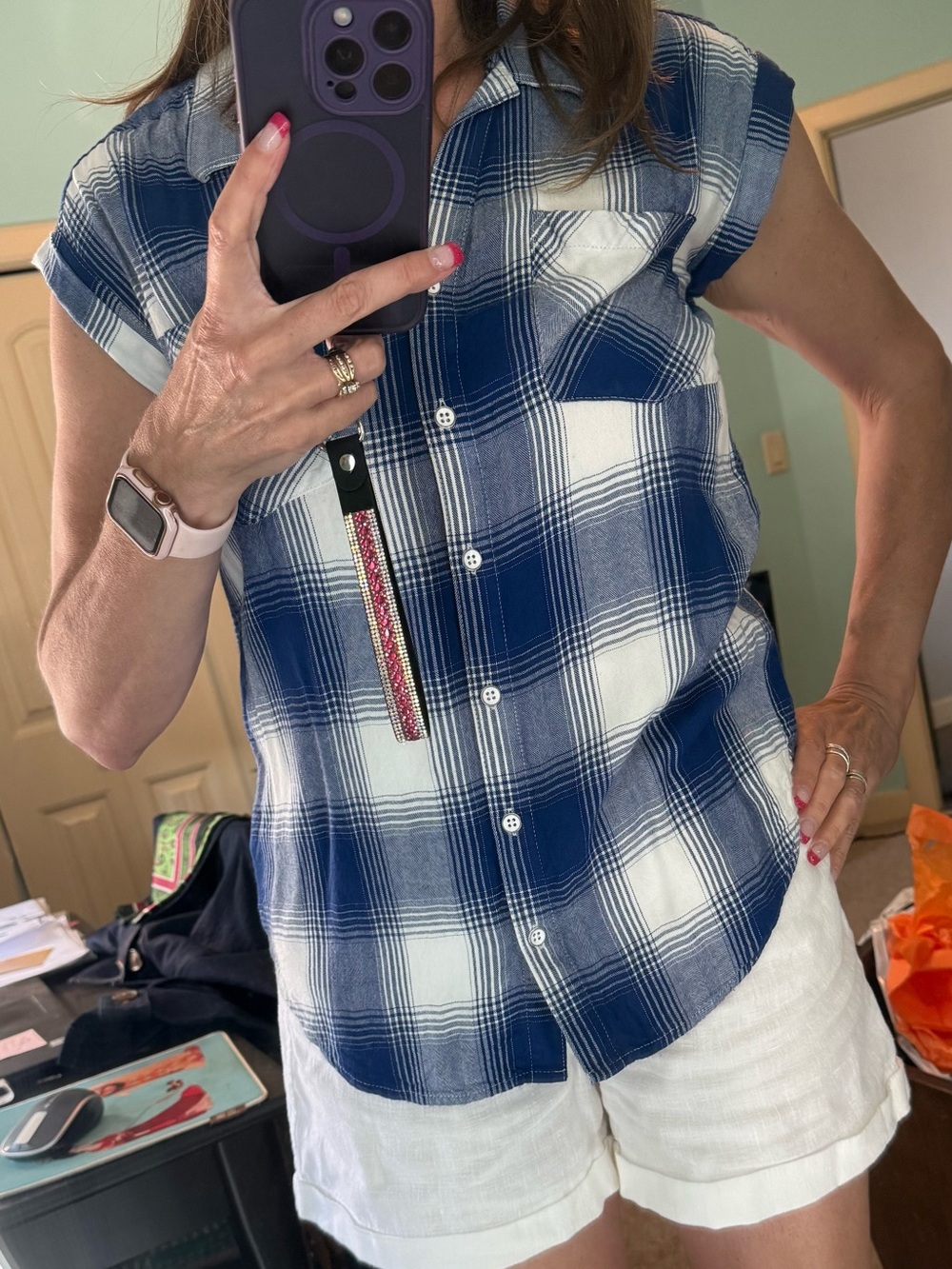 Women’s Blue Plaid Short Sleeve Button-Up Shirt